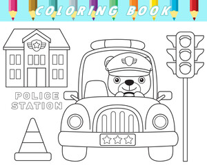 Wall Mural - Coloring book of cute bear cop on police car with traffic element. Vector cartoon illustration