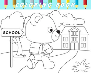 Wall Mural - Coloring book of cute bear going to school. Vector cartoon illustration