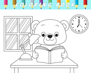 Wall Mural - Coloring book of cute teddy bear reading book. Vector cartoon illustration