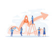 People challenge teamwork up, Business analytics in cloud arrow leadership company. Growth with rocket investment service, flat vector modern illustration