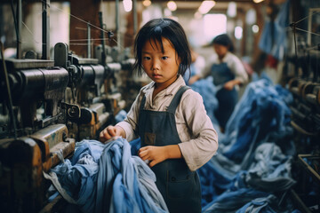 Asian kids in a textile factory background, Illegal child forced labor concept