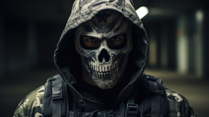 Military soldier with skull mask on the battlefield, war conflict special force 