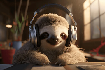 Wall Mural - Cute Sloth listen to music using headphones Created with Generative AI