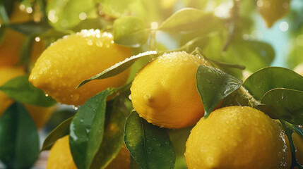 Fresh lemons hanging on tree branch