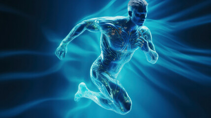 run of human body with 3d model blueprint