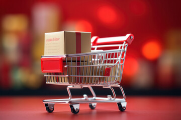 Boxes in shopping trolley on red background.