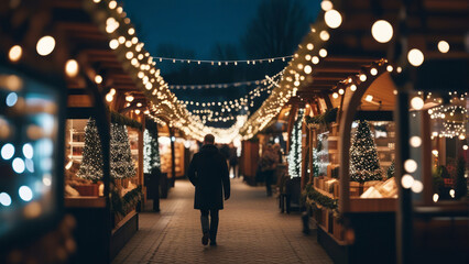 Wall Mural - A man walks through the Christmas market, decorated with festive lights in the evening