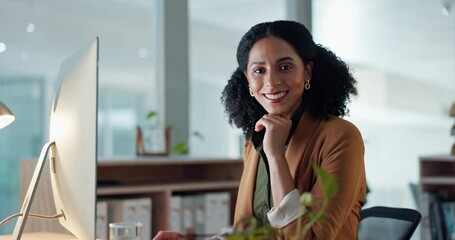 Poster - Face, thinking and woman with a computer, business and typing with problem solving, research and email. Portrait, person or worker with a pc, planning and website info with startup or search internet