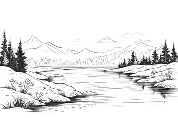 Landscape with mountain river lake forest, outline drawing vector scenery panorama