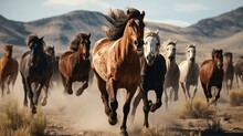 A dynamic herd of horses galloping across a rustic dirt field