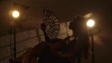 Silhouette Of Woman In Black Dress Sitting On A Director's Chair, Holding And Waving Lace Fan, Looking At The Camera. Slow Motion.