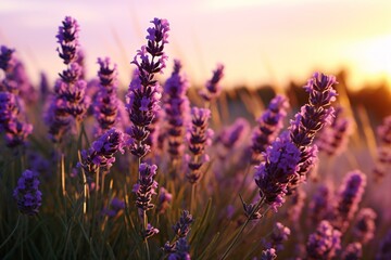 Poster - A beautiful lavender field with the sun setting in the background