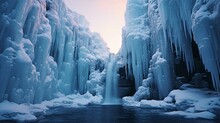 A Stunning Frozen Waterfall In The Midst Of A Flowing River