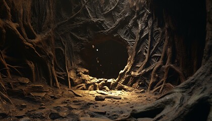 A mysterious tunnel with trees emerging from the darkness