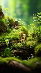 Wall Mural - A cluster of mushrooms in a lush, mossy forest