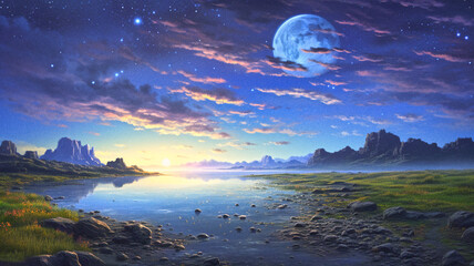 Wall Mural - fantasy landscape scene features a moonlit night with mountains and a tranquil sea