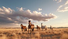 A Majestic Herd Of Horses Grazing On A Golden Field