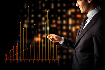 a man in a suit pointing at a graph on a screen