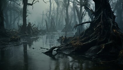 Canvas Print - A serene swamp landscape with lush trees and abundant water