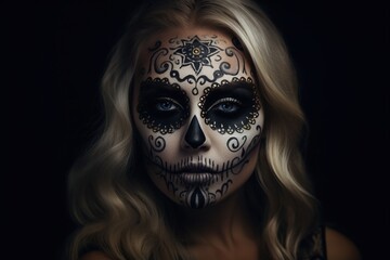 Wall Mural - portrait of a woman with creative Halloween makeup, has a creepy look, a woman in a halloween costume, empty space on an background. A woman is preparing for the day of the dead. Generative AI.