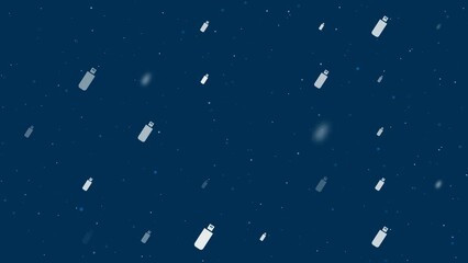 Poster - Template animation of evenly spaced flash drives of different sizes and opacity. Animation of transparency and size. Seamless looped 4k animation on dark blue background with stars