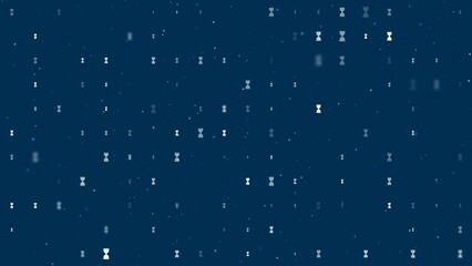 Poster - Template animation of evenly spaced hourglass symbols of different sizes and opacity. Animation of transparency and size. Seamless looped 4k animation on dark blue background with stars