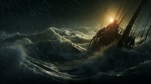 Sinking Boat Caught In A Storm Out At Sea With Heavy Rain And Wind Dark Oceanic Scenery