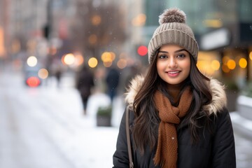 Wall Mural - A close-up portrait of a young, beautiful, confident and attractive Indian Asian woman in the outdoor. Happy and natural smiling teenager girl looking at the camera
