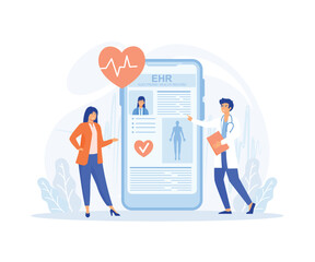 Wall Mural - Electronic health record, doctor reading medical, treatment history, clinical data of young woman, healthcare app.  flat vector modern illustration  