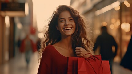 Happy exciting woman teenager with brown hair with shopping bags