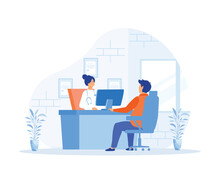 Man Talking With Woman Doctor In Office. Patient Having Consultation About Disease Symptoms With Doctor Therapist In Hospital, Flat Vector Modern Illustration