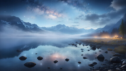 Wall Mural - morning landscape with fog and high mountains in the background