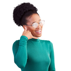 Sticker - Black woman, contact us and hand as portrait with smile.isolated on transparent png background. Female, hand gesture or talk for internet connection, call me or promotion for network or communication