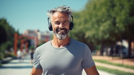 Happy positive mature man with broad in headphones smile while doing sport in city park- generative AI, fiction Person