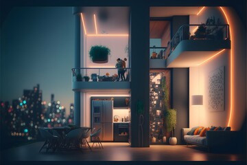 Smart Apartments with a family Hypermodernism cinematic lights Ultra wide lens high quality unreal engine hyper detailed fine art octane render unreal engine hyper detailed 