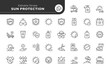 Line icon set. Sun protection. Tanning and sunscreen. UV protection. Vector icon pack. Web icons in outline linear style.