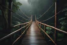 Wooden Rope Bridge In The Rainy Forest Park
