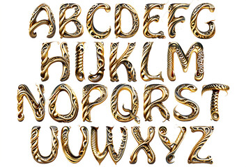 Wall Mural - Golden metal snake skin alphabet design isolated on white background.