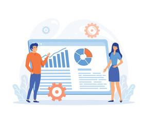 Poster - Concept of targeting strategy.  Colleagues prepare presentation, market research. flat vector modern illustration