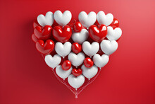 Red And White Heart Shaped Balloons On Red Background, 3d Illustration, AI Generated