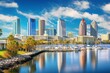 Tampa's cityscape, overlooking Hillsborough Bay, Riverwalk, and downtown skyline. Generative AI