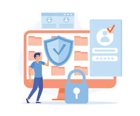 Poster - personal cyberspace data security, shield log in protection web access control, flat vector modern i
