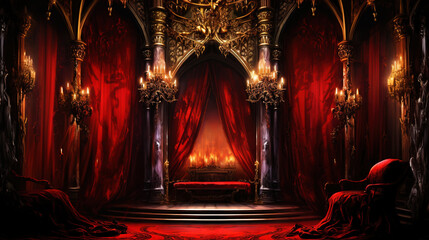 Wall Mural - Vampire Dracula castle interior, victorian red furnitures. Halloween concept. Generative AI