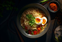 Asian Noodle Soup, Ramen With Vegetables And Egg In A Bowl. Copy Space, Dark Background
