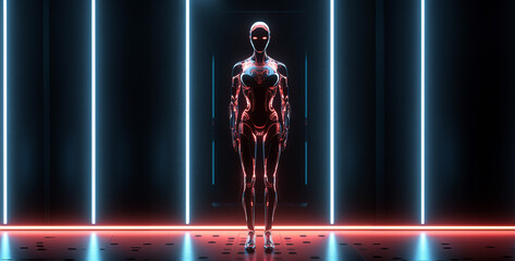 abstract female robot standing alone in dark room light hd wallpaper