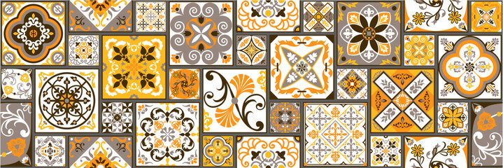 Traditional ornate Portuguese decorative colored azulejos tiles. Abstract background. Vector drawing illustration, typical Portuguese tiles, ceramic tiles. Seamless background.