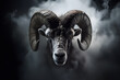 majestic ram with huge horns in smoke behind it