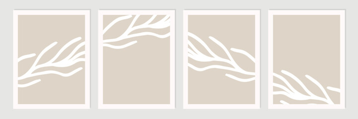 Leinwandbilder - Set of abstract organic shapes, leaves, lines and textures in white on neutral nude and beige background.