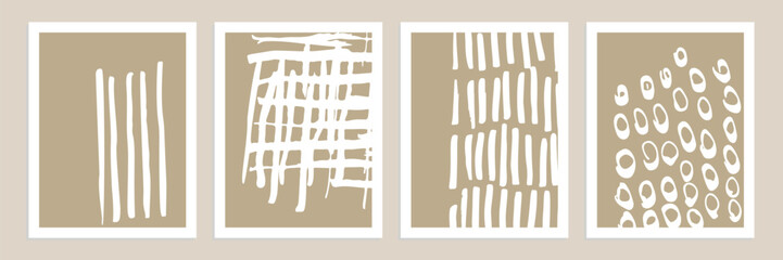 Leinwandbilder - Set of abstract organic shapes, lines and textures in white on neutral nude and beige background.