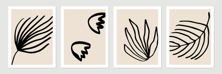 Aufkleber - Set of abstract tropical organic shapes, leaves, lines and textures in black on neutral nude and beige background.